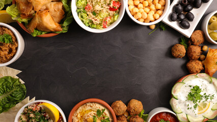 assorted of buffet food, snack- samosa, olives, antipasto
