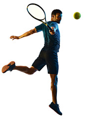 Fototapeta na wymiar one caucasian mature man Tennis Player shadow silhouette in studio isolated on white background