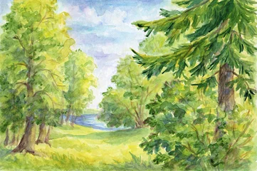  Summer watercolor landscape - forest glade and lake © rosinka