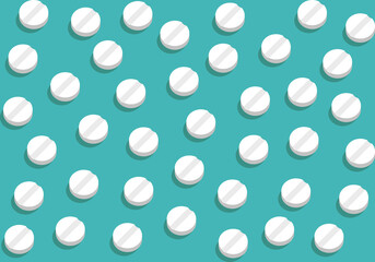 White medical tablets arranged on turquoise blue background, vector illustration. Concept for pharmaceutical industry.