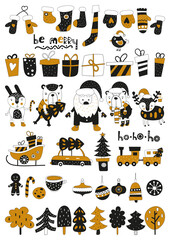 Christmas animals, santa claus, decorations, xmas elements and symbols isolated on white background. Christmas gold and black collection. Vector illustration.