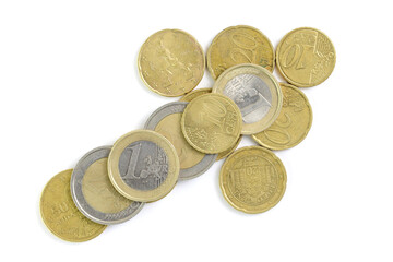 Euro coins in the form of an upward arrow, the concept of rising costs, white background. - Powered by Adobe