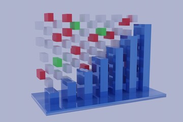 Growing business graph chart blue color. Abstract background of red, green and white cubes. Financial markets. Economic crisis  after pandemic. Biotechnology symbols. 3D Rendering illustration.