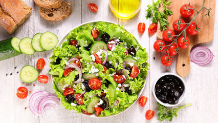 vegetable salad with tomato, olive, onion and feta cheese