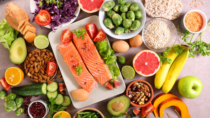 health food selection- fruit, vegetable, protein