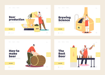 Beer production process. Set of template landing pages with brewery and preparation