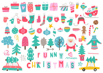 Fototapeta na wymiar Christmas Santa claus, decorations, xmas elements and symbols isolated on white background. Christmas colorful collection. Vector illustration.