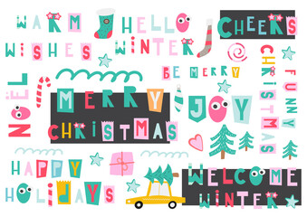 Set of lettering Christmas quotes, phrases and words. Graphic design for packaging, posters, greeting cards, DIY. Vector illustration. Xmas theme.
