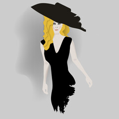 A blonde woman poses in a stylish black dress and hat.