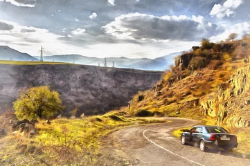  Colorful painting of Mountain valley landscape with road and a car © idea_studio
