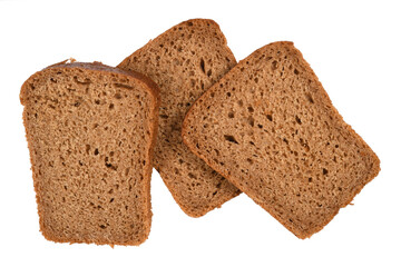Rye bread, three pieces of sliced brown bread isolated on white background, close up macro high resolution.