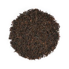 Black loose dry tea from Assam, India. Close-up macro high resolution isolated on white background top view.