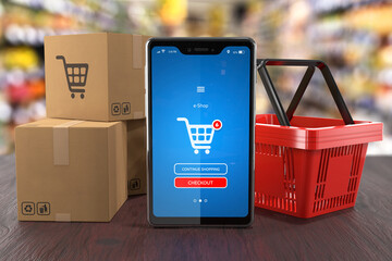 Smartphone with shopping app, shopping cart and boxes on table - 3d illustration