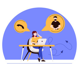 Woman with headset is sitting at her computer and talking with client. Clients assistance, call center, hotline operator, consultant manager, technical support and customer care. 