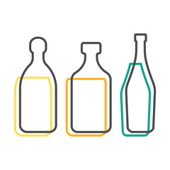 Simple line shape of tequila rum and martini bottle. One contour figure of flask, the second drink. Outline symbol beverage black color. Sign liquid colored. Isolated flat illustration