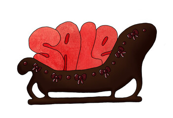 Watercolor illustration of brown sled with red word 