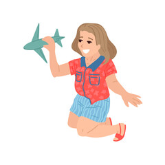 Young girl playing with toy plane. Vector cartoon illustration