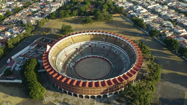 Drone Orbits Above Plaza de Toros Nuevo Progreso in Guadalajara, Jalisco, Mexico. Daytime