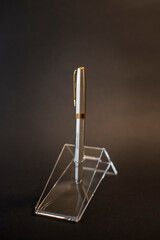 Silver fountain pen with golden details. Silver fountain pen and gold accessories on a black background. Product photography silver and gold fountain pen