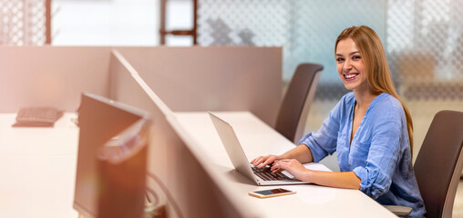 Young businesswoman using laptop in a modern office
