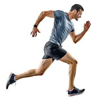 One Caucasian Man Runner Jogger Running Jogging Isolated On White Background With Shadows