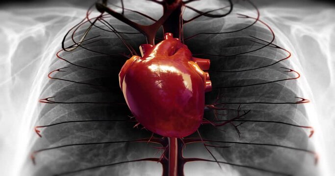 Human Circulatory System Heart Beat. X-Ray Skeleton On Background. Coronary Circulation. Science And Health Related 3D Animation.