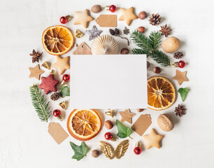 Round knolling composition of various items and food related to Christmas