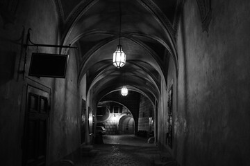 Fototapeta na wymiar Arched illuminated passage in the medieval Castle in Cesky Krumlov, Southern Bohemia. Black and white photo