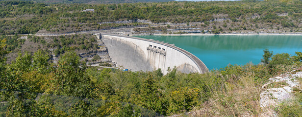 Moirans En Montagne - 09 04 2020: View of the Vouglans dam from the belvedere