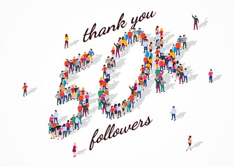 50K Followers. Group of business people are gathered together in the shape of 50000 word, for web page, banner, presentation, social media, Crowd of little people. Teamwork. Vector illustration