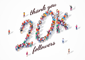 20K Followers. Group of business people are gathered together in the shape of 20000 word, for web page, banner, presentation, social media, Crowd of little people. Teamwork. Vector illustration