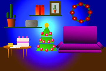 Christmas room interior in flat style. Fir tree, gifts, decoration, table with hamburger, tea cup and cake. Eve of Christmas vector illustration.