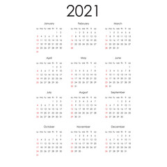 Calendar for 2021 on white background