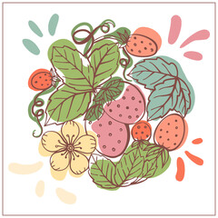 Strawberry wreath, berries, leaves. Graphic hand drawn flat style. Doodle illustration for packaging, menu cards, posters, prints. Isolated over white background.