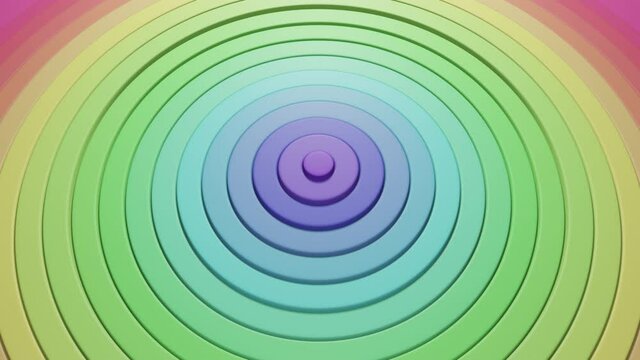 Isometric view of abstract pattern of circles with the effect of displacement. Colorful rings animation. Rainbow colors background for business presentation. Cyclical video, endless loop 3D render.