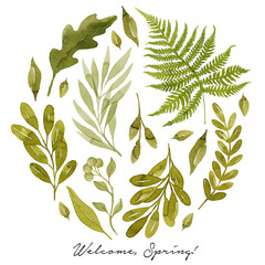 Welcome, Spring! Watercolor green leaves greeting card template. Circle shape in watercolor fern and eucalyptus leaves. Botanical illustration.