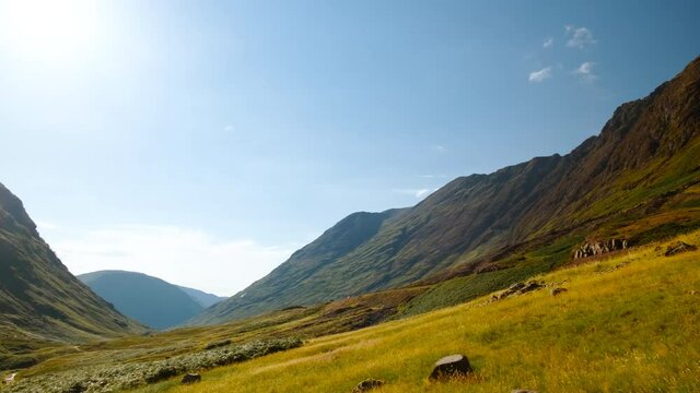 Establishing shot of Glen Coe, a glen of volcanic origins, in the Highlands of Scotland, UK, home to the clan McDonald