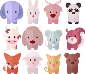 Set of vector funny and cute animals illustration