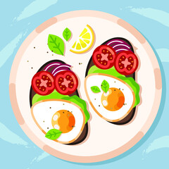 Boiled egg sandwich. tomato, herbs. Fast food. We prepare lunch, dinner, breakfast. Natural product.