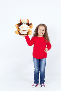 Cheerful little girl in a red sweater, blue jeans, holding a soft toy-bull. Bull as a symbol of the new year 2021. Isolate on a white background. The concept of a happy childhood. Merry Christmas!