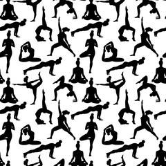 Women exercising yoga flat trend vector seamless pattern on white. Do yoga meditation practice cartoon style. Exercise workout background. Healthy lifestyle morning fitness activities pictures.