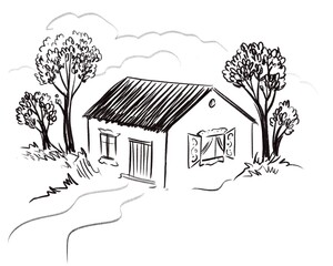 Fantasy  illustration of summer  village house, beautiful rural style, sketch on white background