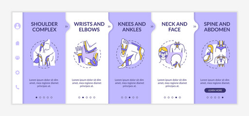 Kinesiology taping onboarding vector template. Prevent sport injury. Physical treatment. Physiotherapy. Responsive mobile website with icons. Webpage walkthrough step screens. RGB color concept