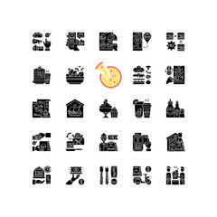 Food delivery black glyph icons set on white space. Courier service. Online ordering. Limiting exposure to coronavirus. Salad, pizza, drinks. Silhouette symbols. Vector isolated illustration