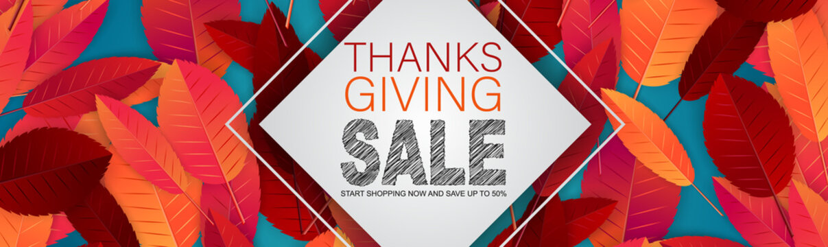 Thanksgiving sale banner, website header or newsletter cover. Red and orange fall leaves realistic vector illustration with lettering.