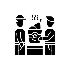 Food pickup black glyph icon. Restaurant takeout. Ordering online food from restaurants. Fast-food options. Ready-made meals. Silhouette symbol on white space. Vector isolated illustration