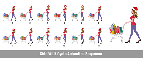 Christmas Santa Girl Walk Cycle Animation, Loopable Walk cycle  anmamtion of Business Santa Girl, Santa Girl Walking With gifts animation sequence for animation, looping walk cycle animation frames.