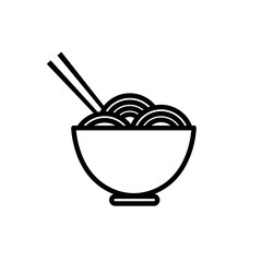 Outline icon with ramen noodle, bowl and pair of chopsticks. Vector illustration in flat style on white background