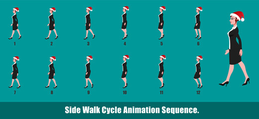 Christmas Santa Girl Walk Cycle Animation, Loopable Walk cycle  anmamtion of Business Santa Girl, Santa Girl Walking With gifts animation sequence for animation, looping walk cycle animation frames.