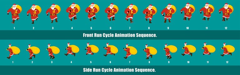 Christmas Santa Claus Run Cycle Animation, Loopable Run cycle  anmamtion of  Santa Claus, Santa Calus Walking With gifts animation sequence for animation, looping walk cycle animation frames.
